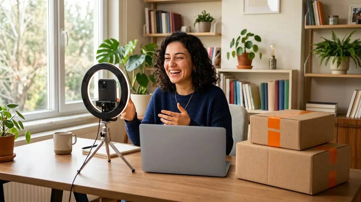 Evinden ürün videosu çeken satıcı